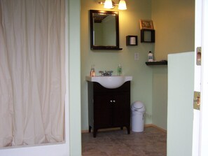 Une salle de bain avec un lavabo, un miroir et des toilettes.