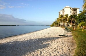 En la playa, camastros y toallas de playa