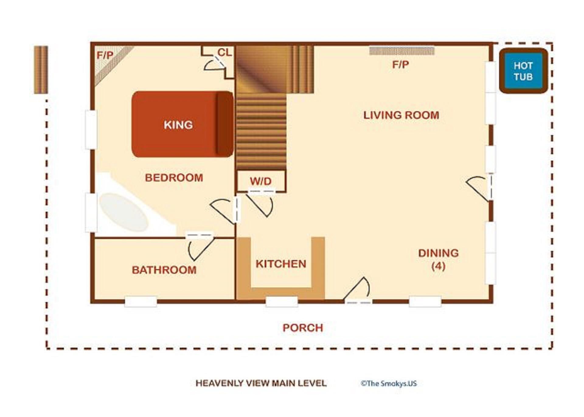 A floor plan of a hotel with labeled rooms including a king bed, bedroom, bathroom, kitchen, dining area, and a hot tub.