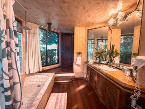 Bathtub, hair dryer, towels, soap
