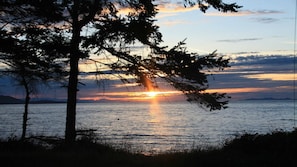 A sunset over a calm body of water with trees in the foreground.