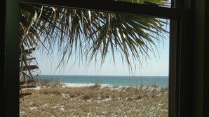 Vista de la playa a través de una ventana con hojas de palmera.
