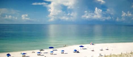 On the beach, sun loungers