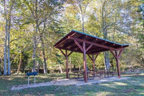 Outdoor dining - Toccoa River Frontage With Year-Round Mountain Views (Suches)