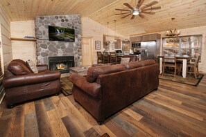 Flat-screen TV, fireplace, video games