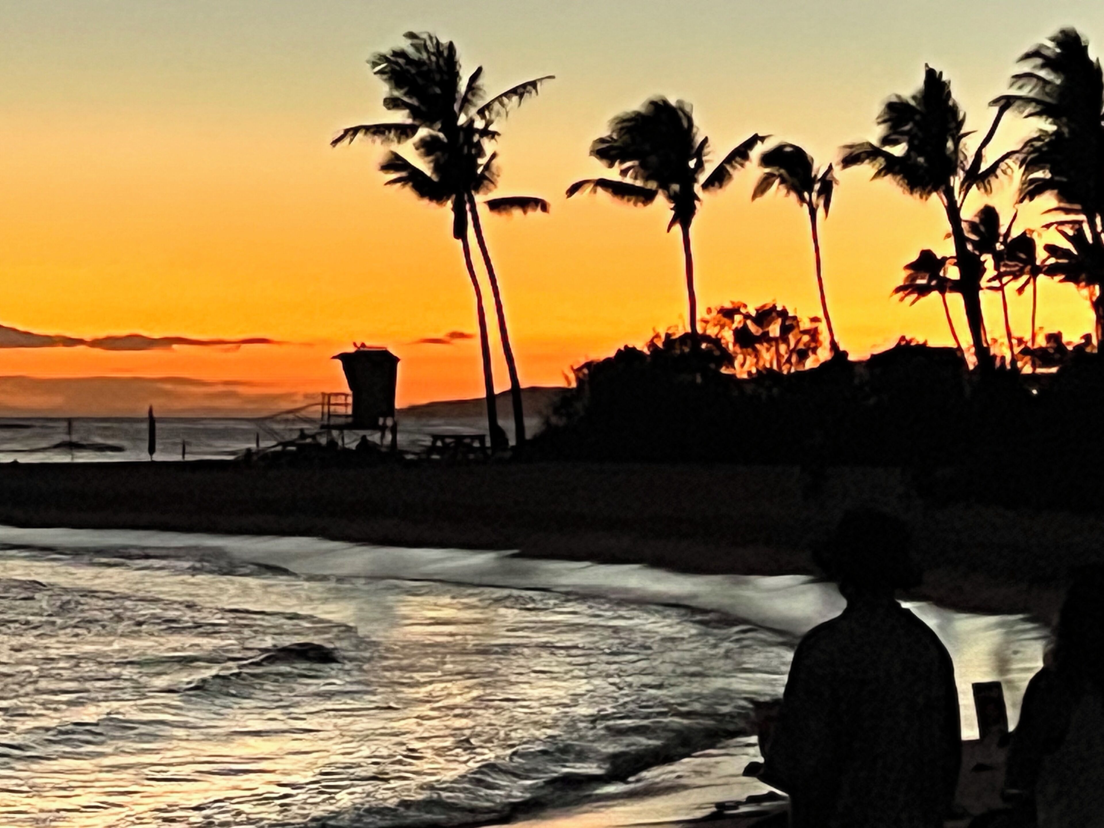 A beach scene with palm trees and a lifeguard tower.