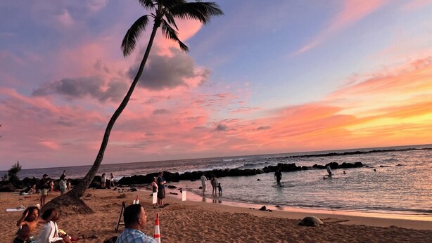 Escena de playa con palmeras, gente y un atardecer.