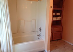 Combined shower/bathtub, hair dryer, towels, soap