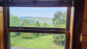 A window with a view of a green landscape and a distant hill. - Dogwood Cabin, Deer Lodge Cabin Rentals is a Secluded Ozark Mountain Log Cabin.  (Jasper)
