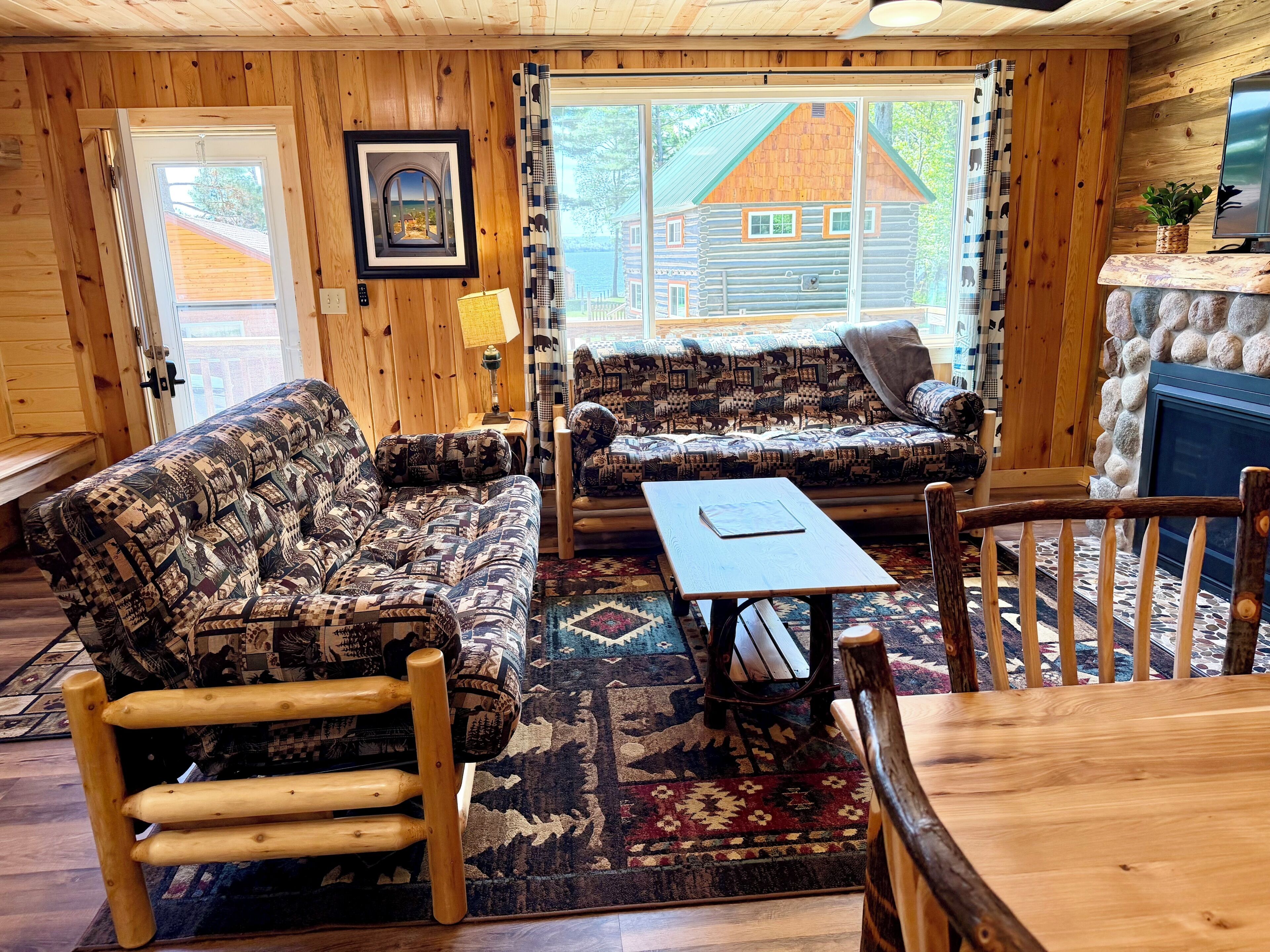 TV, fireplace, DVD player, books