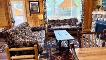 TV, fireplace, DVD player, books