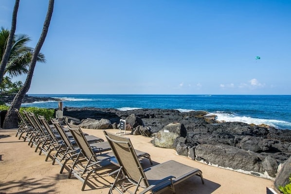Un salón frente a la playa con filas de tumbonas mirando al océano, con terreno rocoso y palmeras al fondo.