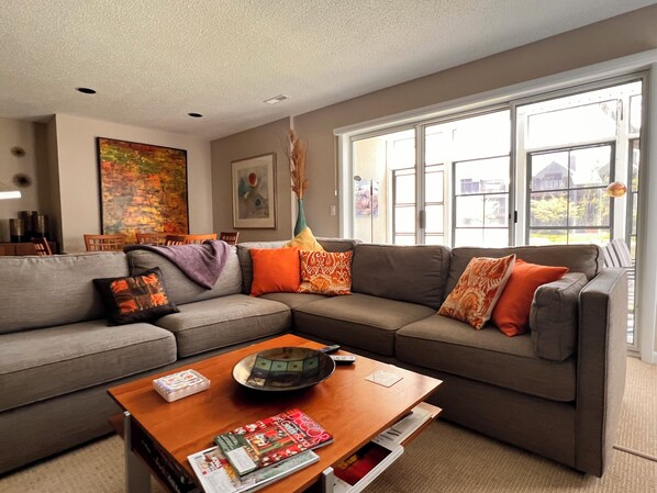 TV, fireplace, DVD player, books