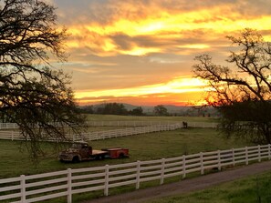A rural landscape with a sunset, open fields, a white fence, and a vintage truck. - 46W/Winery close, Bocce! Perfect for 1 couple, multi-adult, family! Dog Friendly (Templeton)