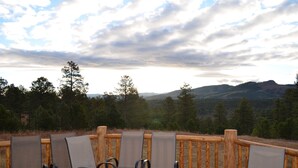 Une terrasse avec des sièges extérieurs et une vue panoramique sur un paysage boisé.