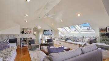 Smart TV, fireplace, video games, DVD player