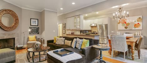 Smart TV, fireplace, video games, DVD player