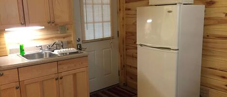 Fridge, microwave, coffee/tea maker, toaster