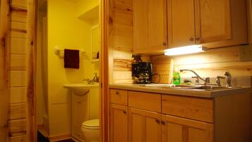 Fridge, microwave, coffee/tea maker, toaster