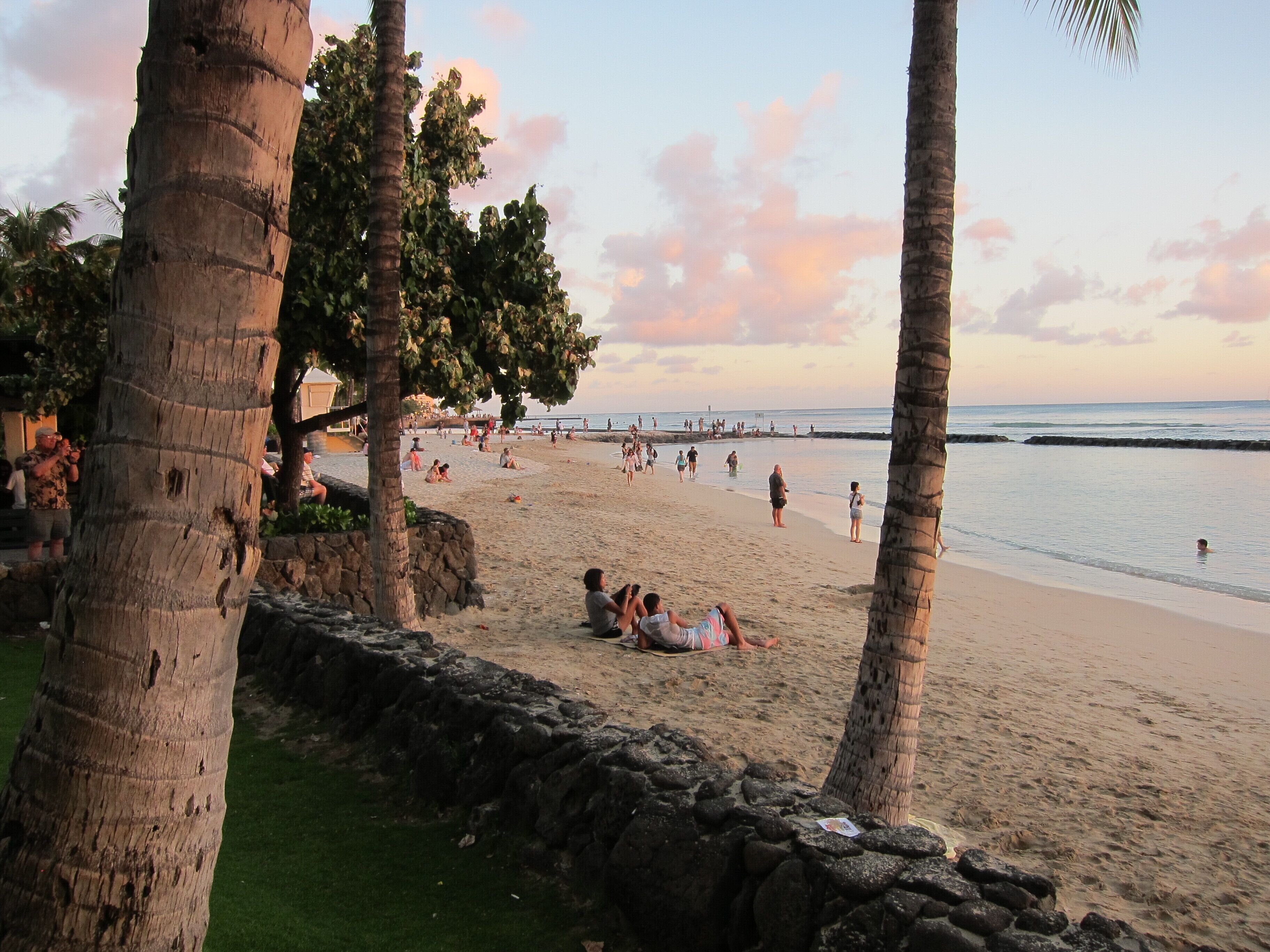 A beach scene with palm trees, a stone wall, and people relaxing on the sand.