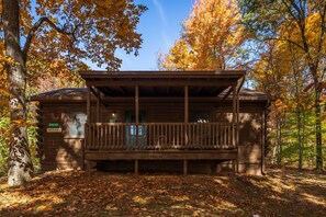 Une cabane en bois dotée d’un porche, entourée du feuillage automnal.
