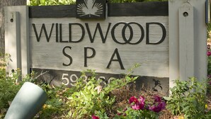 A wooden sign for Wildwood Spa with the number 593-600 visible. - SeaPines, Updated, Walk to the Beach Club, Pet friendly, Two free bikes (Hilton Head Island)