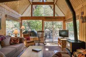 A cozy cabin interior with a sofa, chairs, a television, and a wood stove.