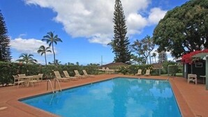 Piscina retangular com borda azulejada, rodeada por cadeiras de descanso e palmeiras.