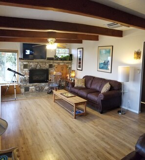 Smart TV, fireplace, DVD player, stereo