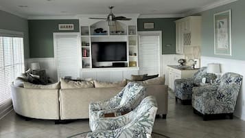 Smart TV, DVD player, books, music library
