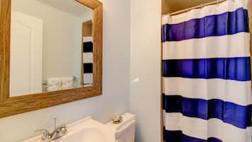 Hair dryer, towels, shampoo, toilet paper