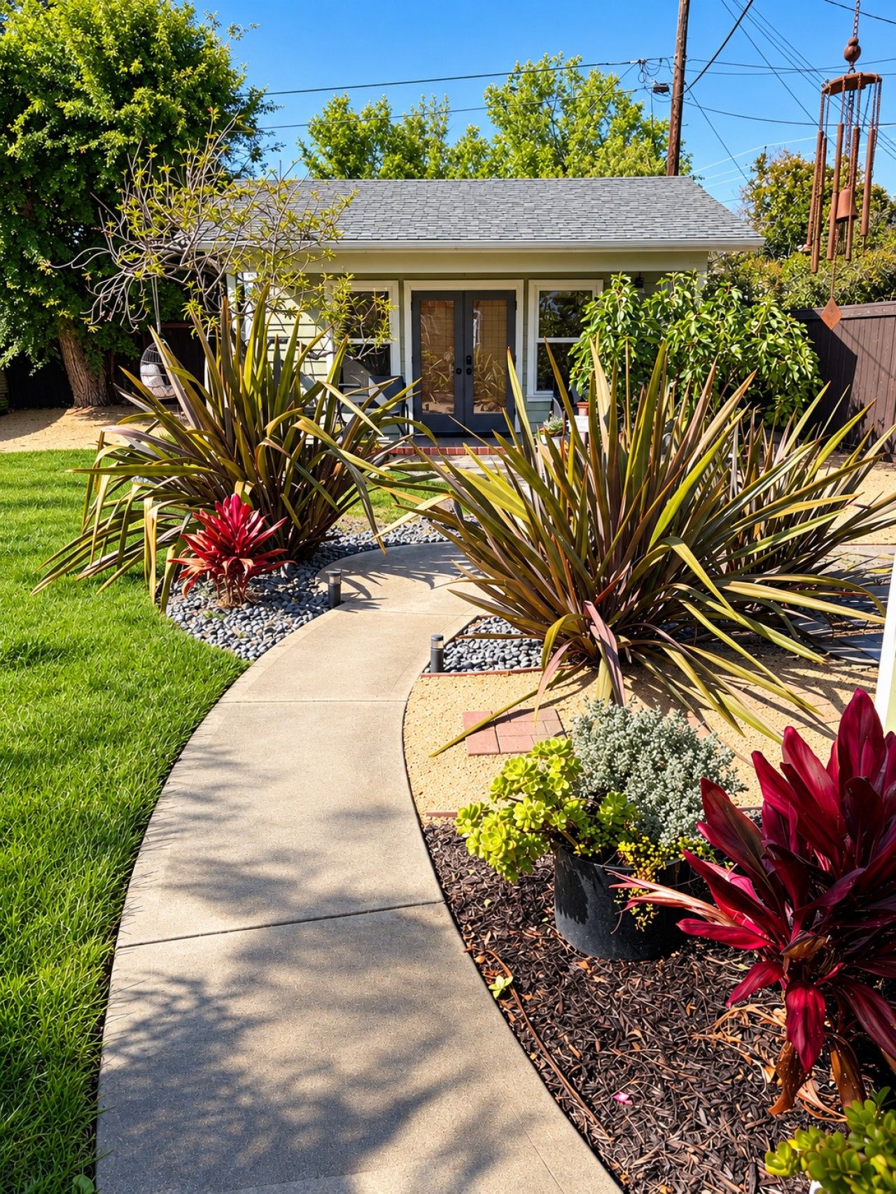 A residential property with a covered porch, a landscaped garden with various plants, and a clear sky.