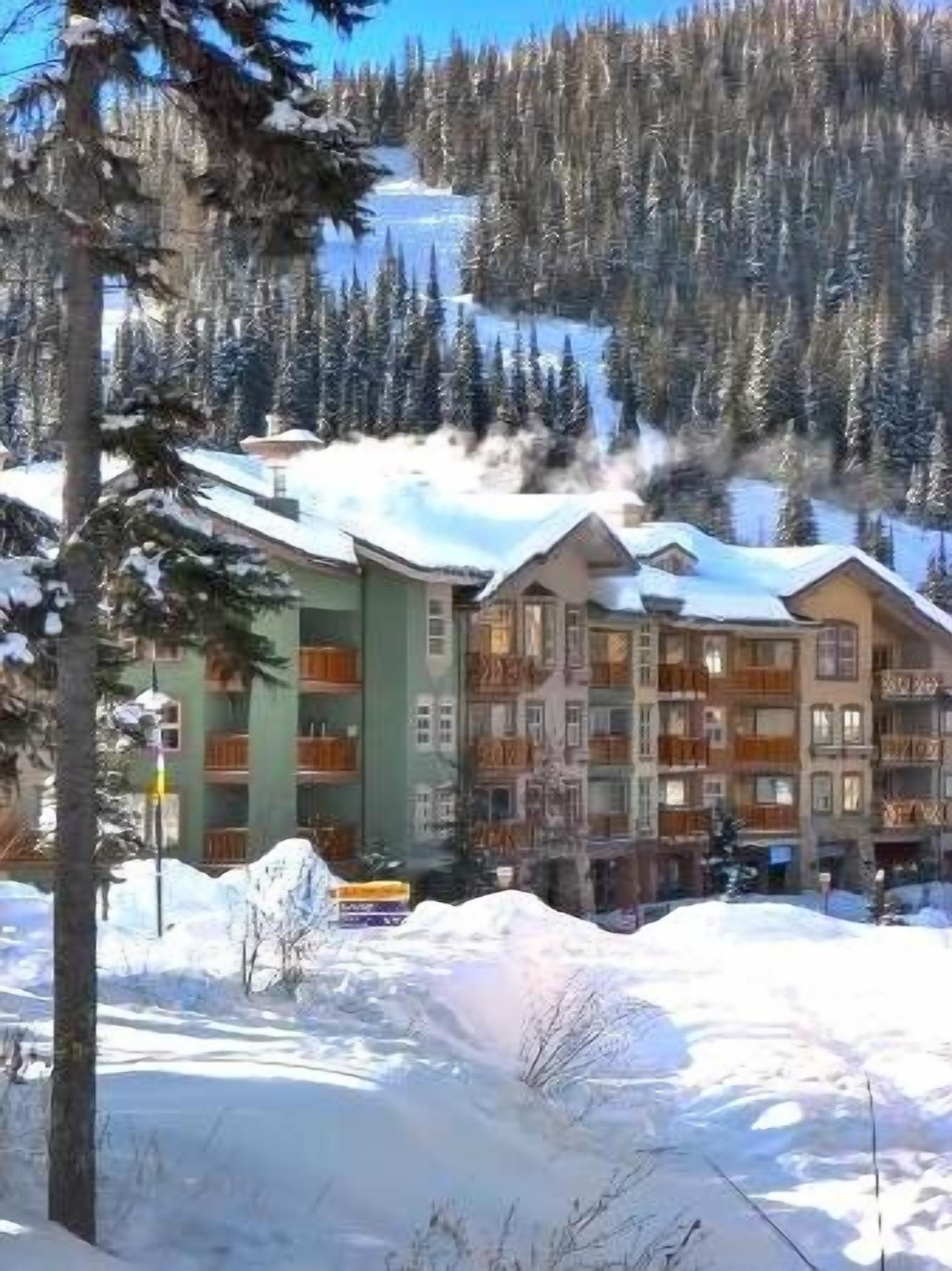 Um hotel de vários andares com varandas, cercado por árvores cobertas de neve e um cenário montanhoso.