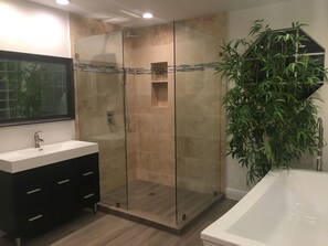 Bathtub, hair dryer, towels, soap