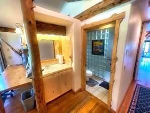 Shower, hair dryer, towels, soap - Swan River Retreat: 5 Cabins on River. Sleeps 30.  Family Reunions! (Bigfork)
