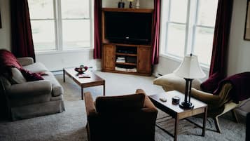 Smart-tv, dvd-afspiller, bordtennisbord, bøger
