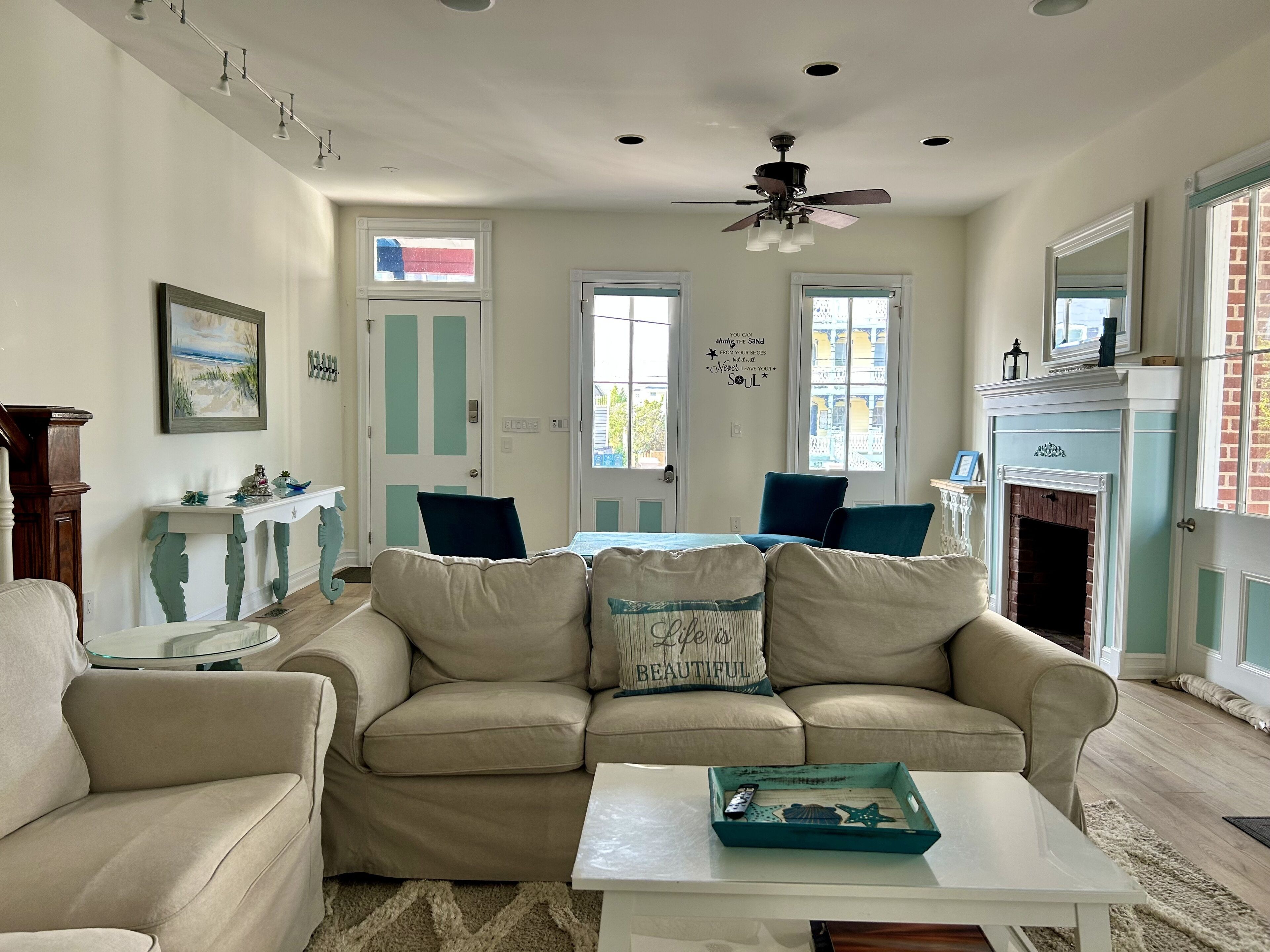 Smart TV, fireplace, DVD player, books