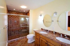Combined shower/bathtub, jetted bath, hair dryer