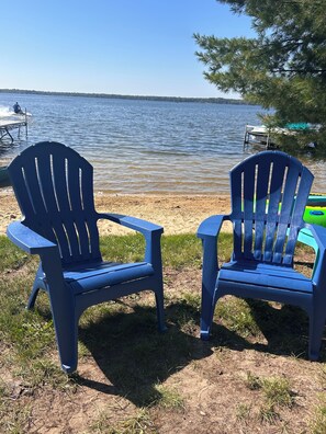 On the beach, sun loungers