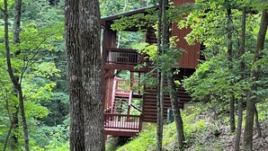 A wooden cabin with a balcony, surrounded by dense forest.