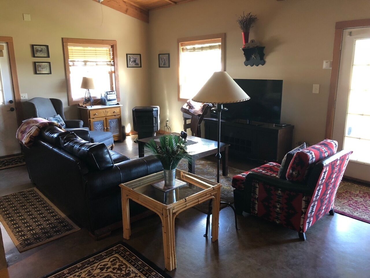 Télévision, cheminée, lecteur de DVD, livres