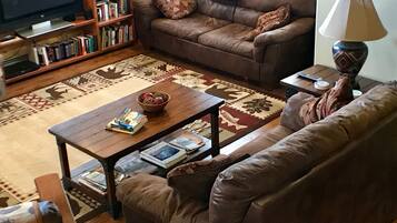 Älytelevisio, takka, DVD-soitin, kirjoja