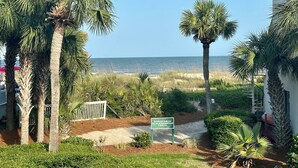Une vue d’une plage bordée de palmiers et d’un panneau indiquant une zone à protéger pour des raisons environnementales.