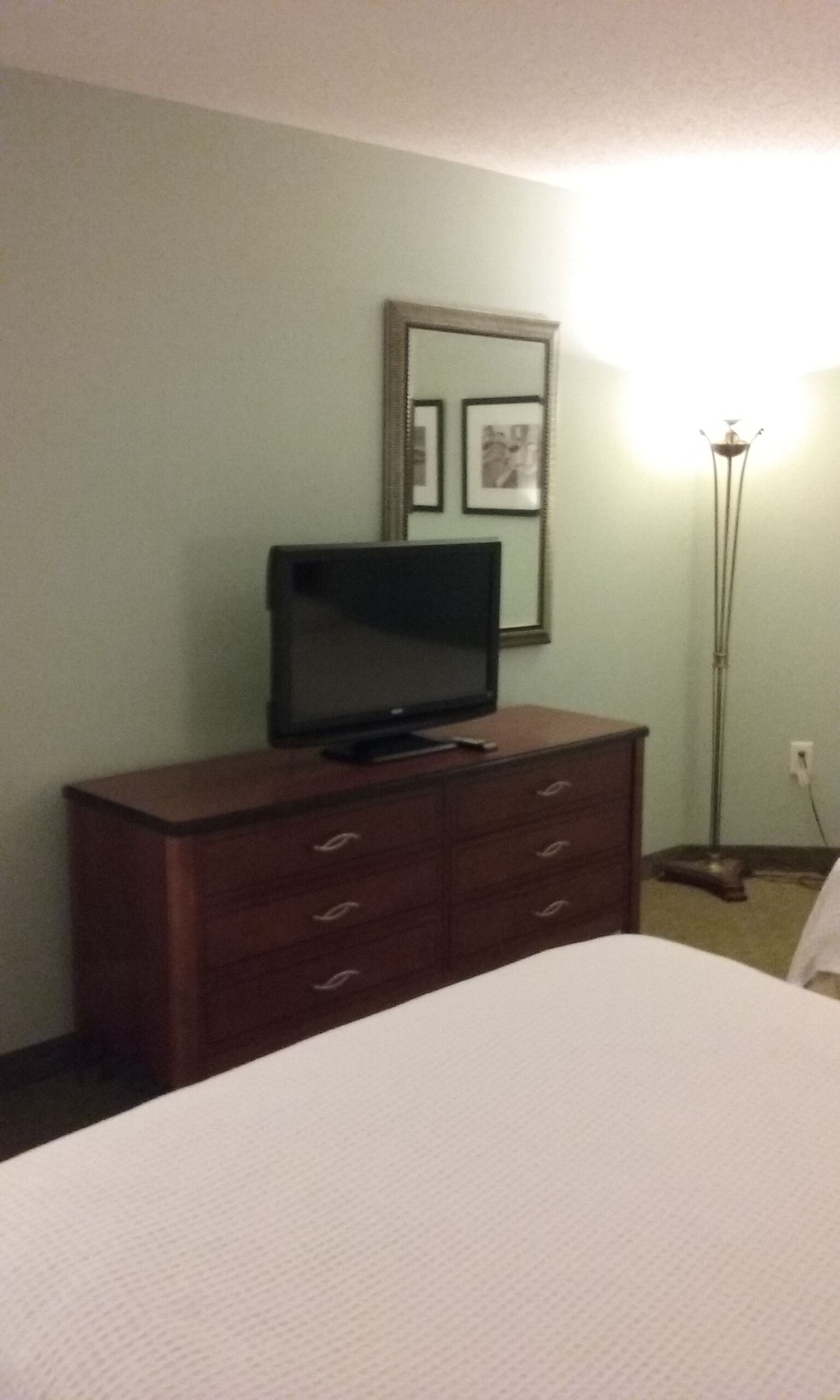 Een hotelkamer met een bed, een tv op een houten dressoir, een vloerlamp en foto's in lijsten aan de muur.