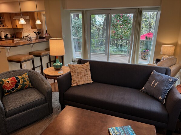 TV, fireplace, books, printers