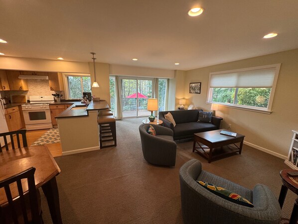 TV, fireplace, books, printers