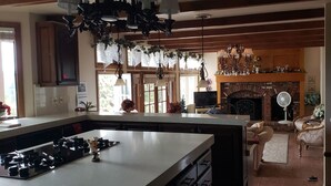 Eine Küche mit Kochinsel, Kamin und Essbereich inklusive Sofa und Stühlen.