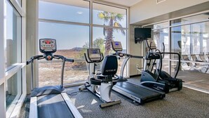 A gym with treadmills, ellipticals, and a stationary bike, large windows with a view of palm trees, and a sunlit interior.