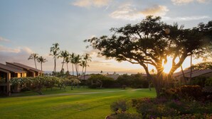 A golf course with a large tree in the foreground, surrounded by manicured lawns and tropical plants.