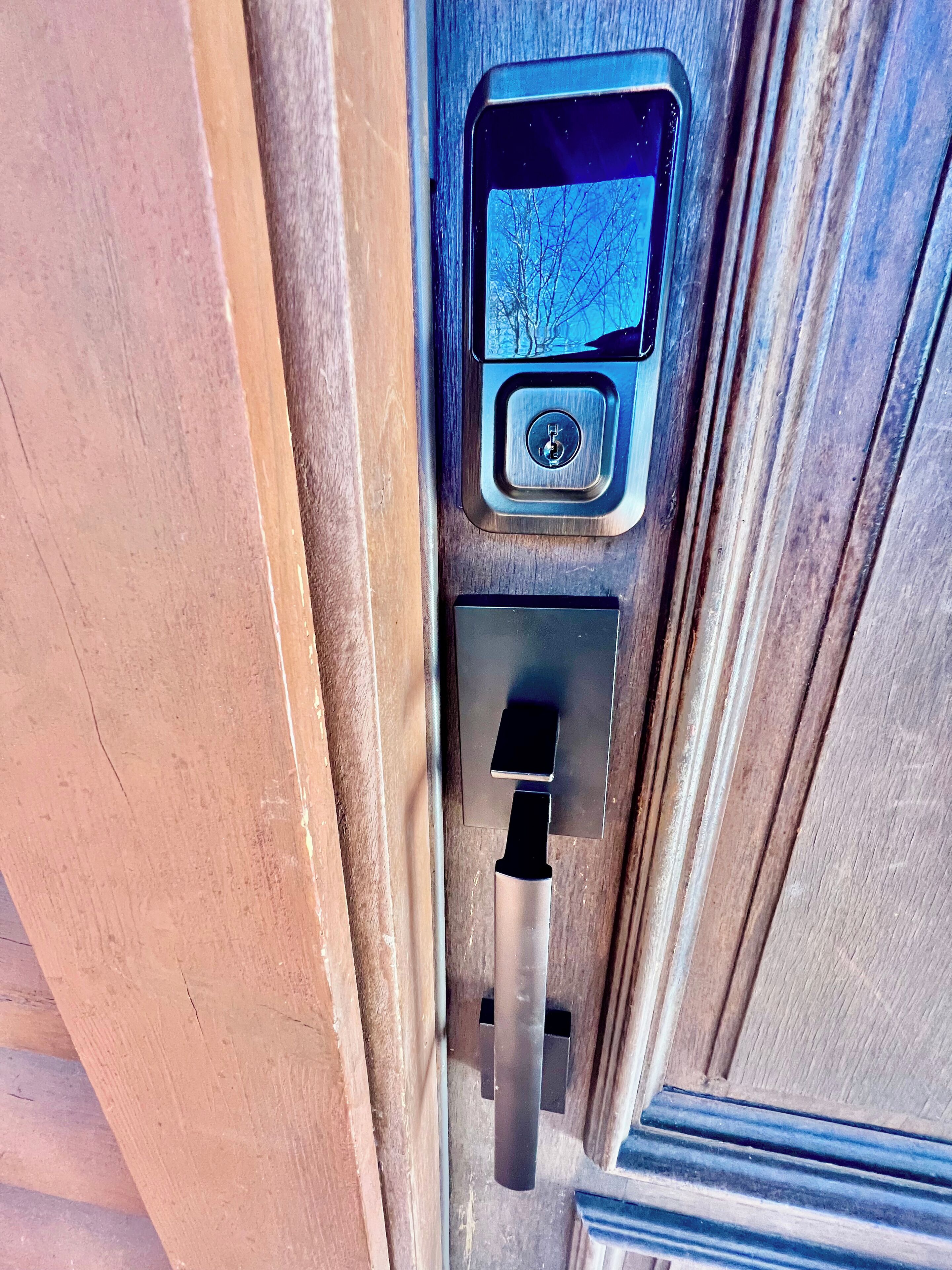 A door lock mechanism with a keypad and a keyhole.